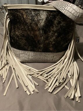 Holy Cow Couture Fringed Shoulder Bag with Croc-Textured Trim in Cream and Brown